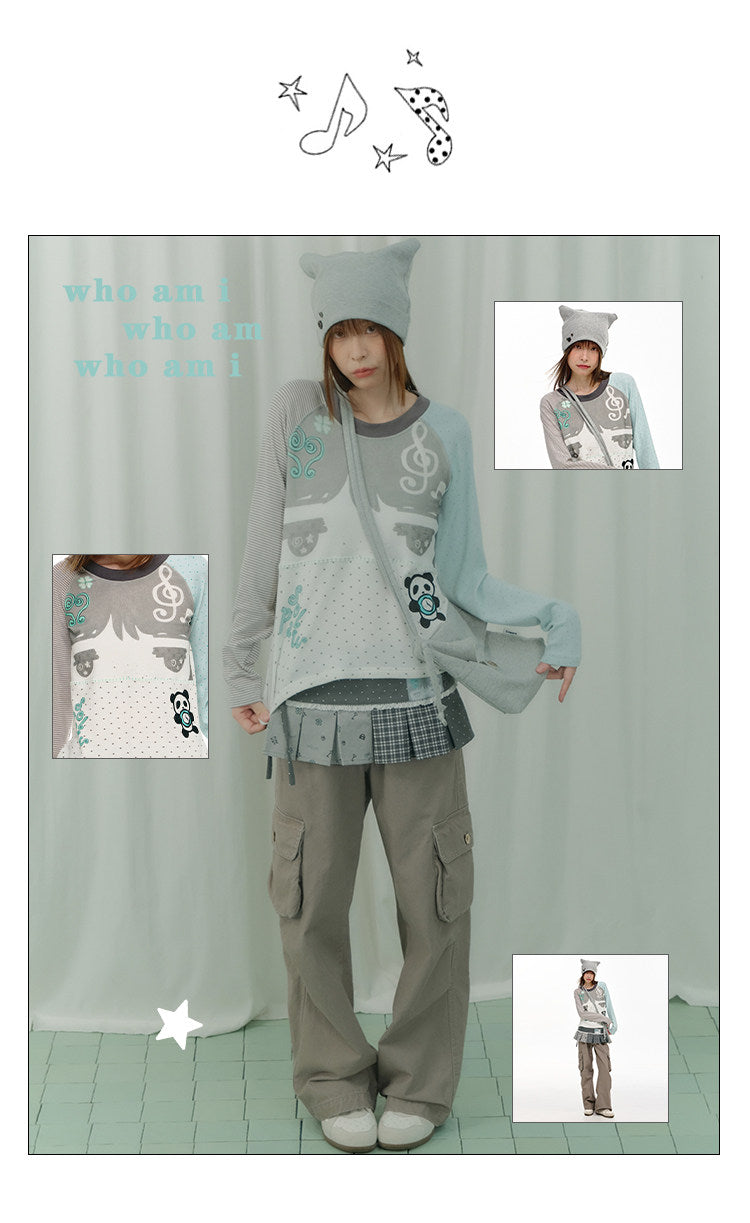 Mint Polka Dot Contrast-Sleeve Graphic Long Sleeve Top