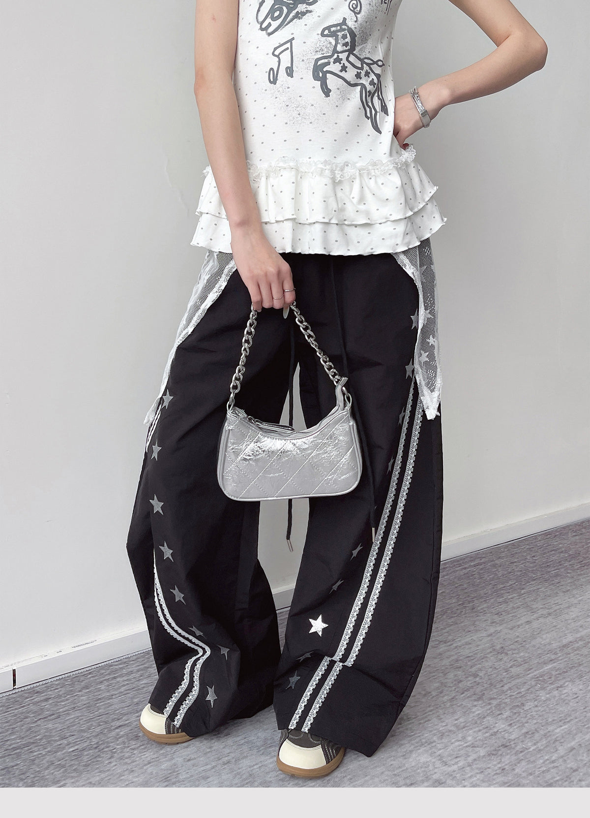 Star Lace Overlay Wide-Leg Parachute Pants