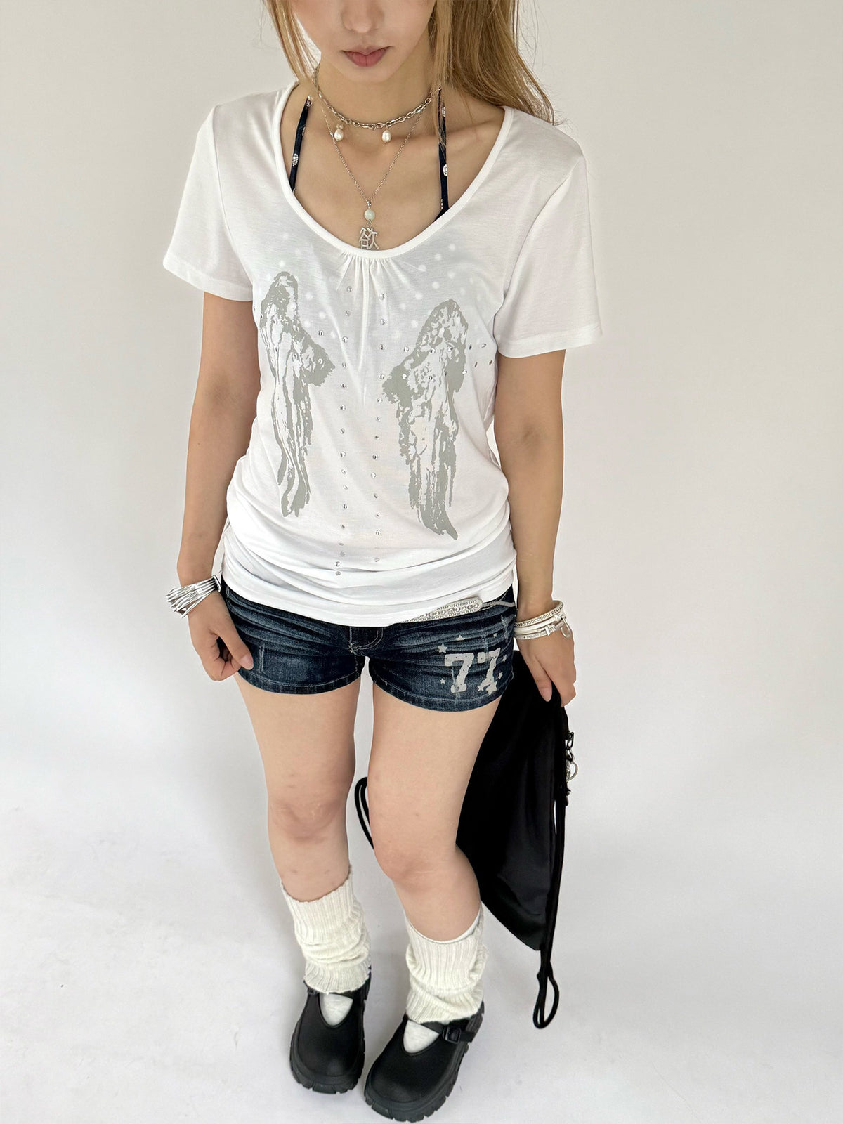 Angel Wing Rhinestone Ruched Tee