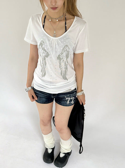 Angel Wing Rhinestone Ruched Tee