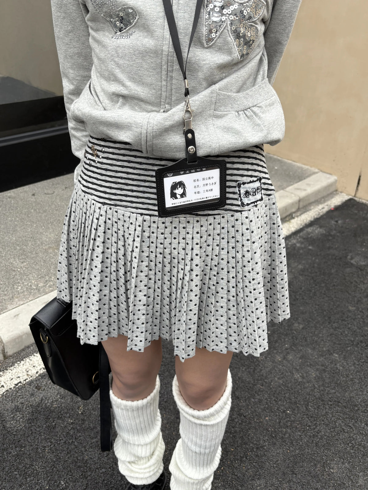 Gray Polka Dot Striped Pleated Knit Mini Skirt