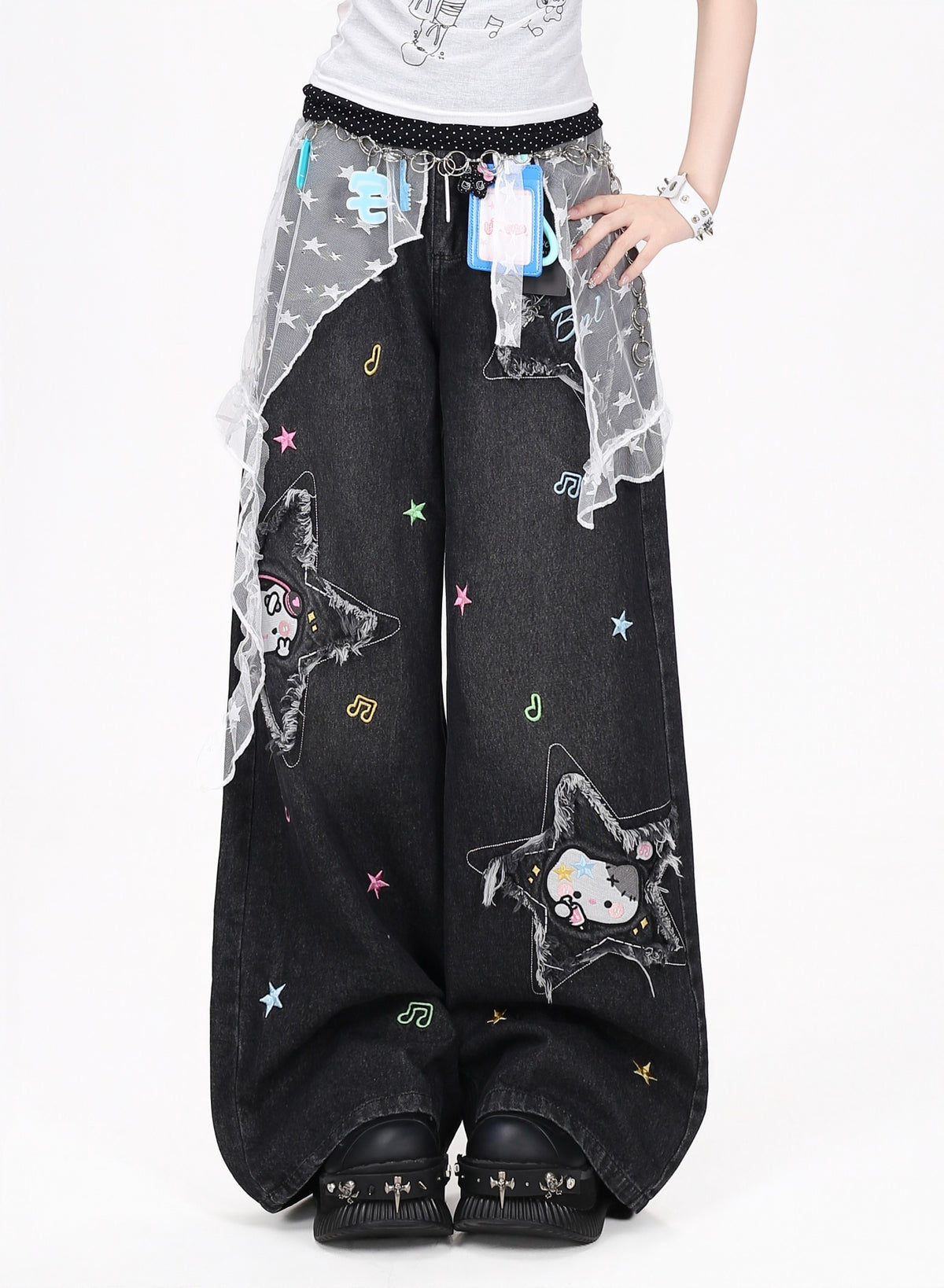 Star Cat Patch Wide-Leg Jeans with Card Holder Charm
