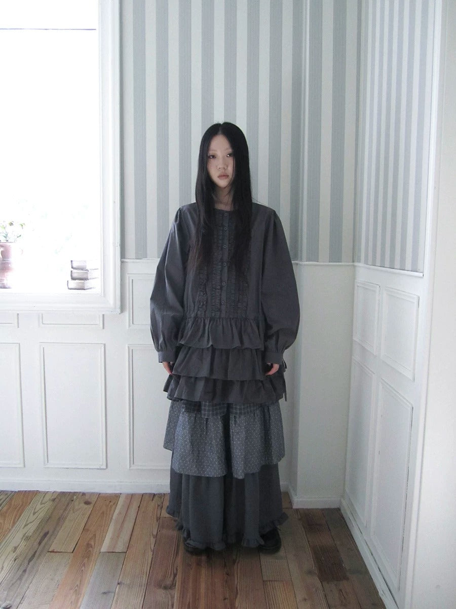 Ruffle-Trim Button Tiered Long Sleeve Tunic Top