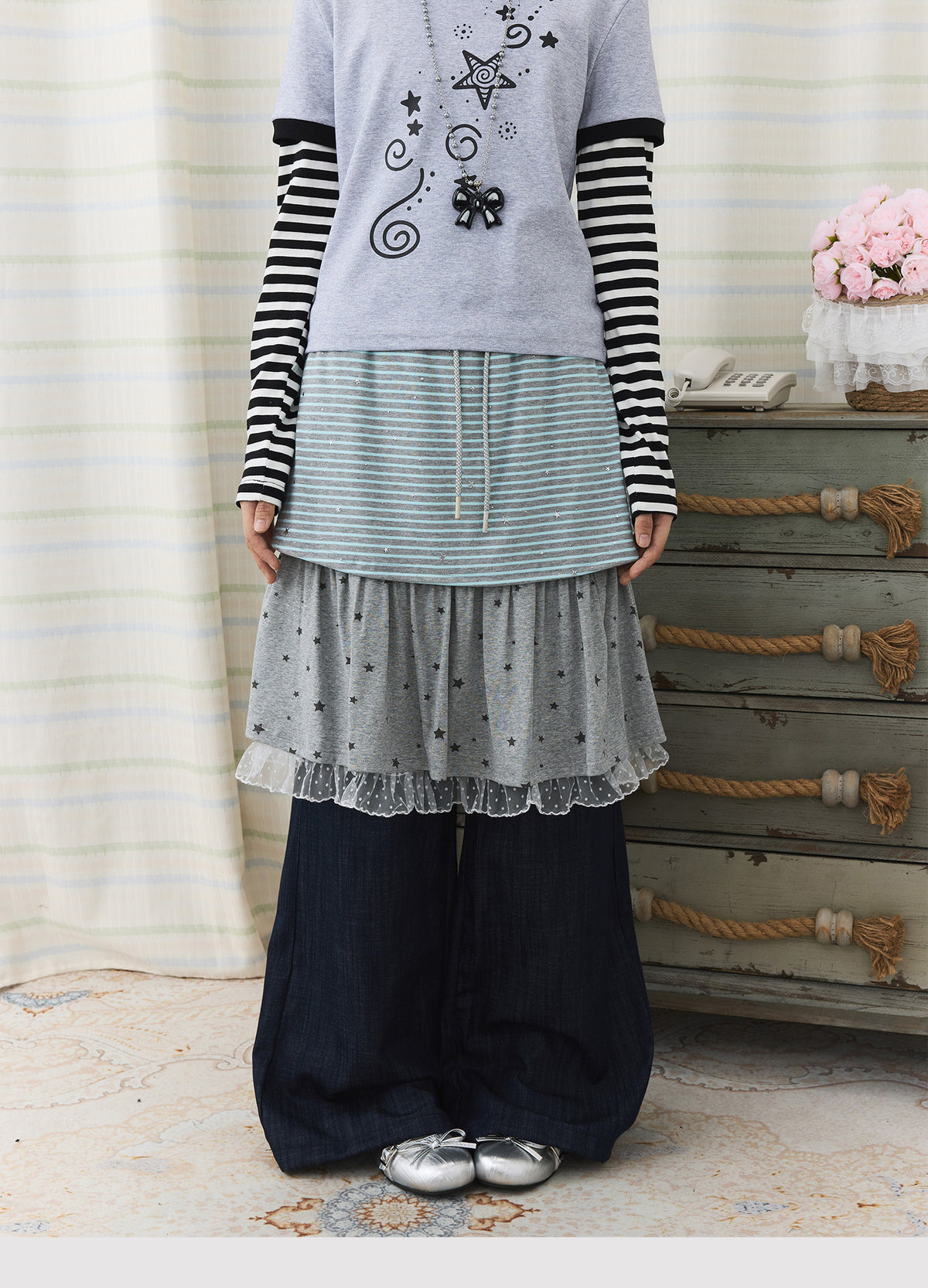 Star Stripe Layered Skirt Wide-Leg Pants