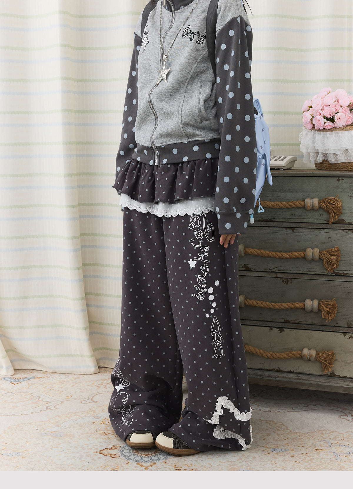 Polka Dot Lace Ruffle-Layer Wide-Leg Pants