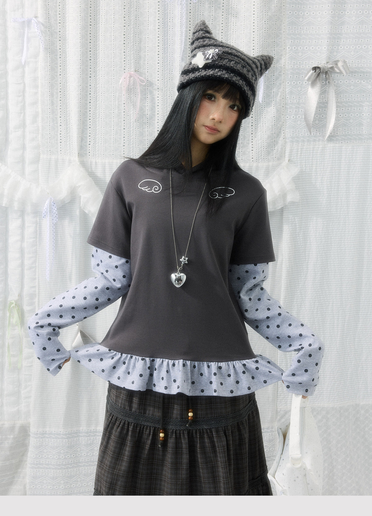 Angel Wing Polka-Dot Layered Hooded Long Sleeve Top