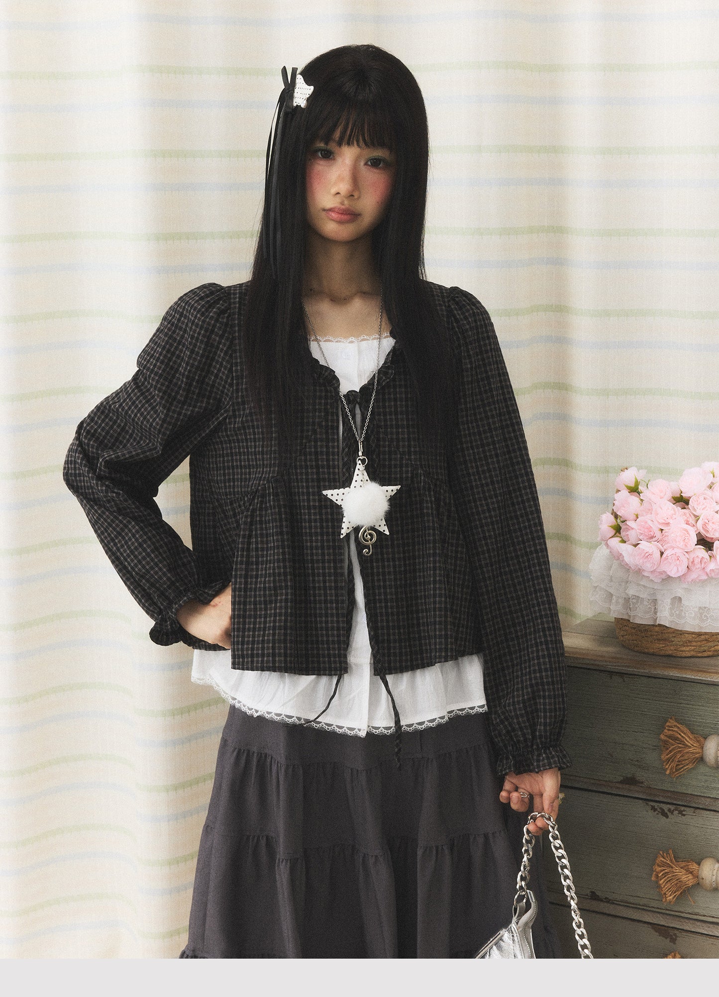 Charcoal Plaid Faux-Layer Ruffle Tie-Front Blouse