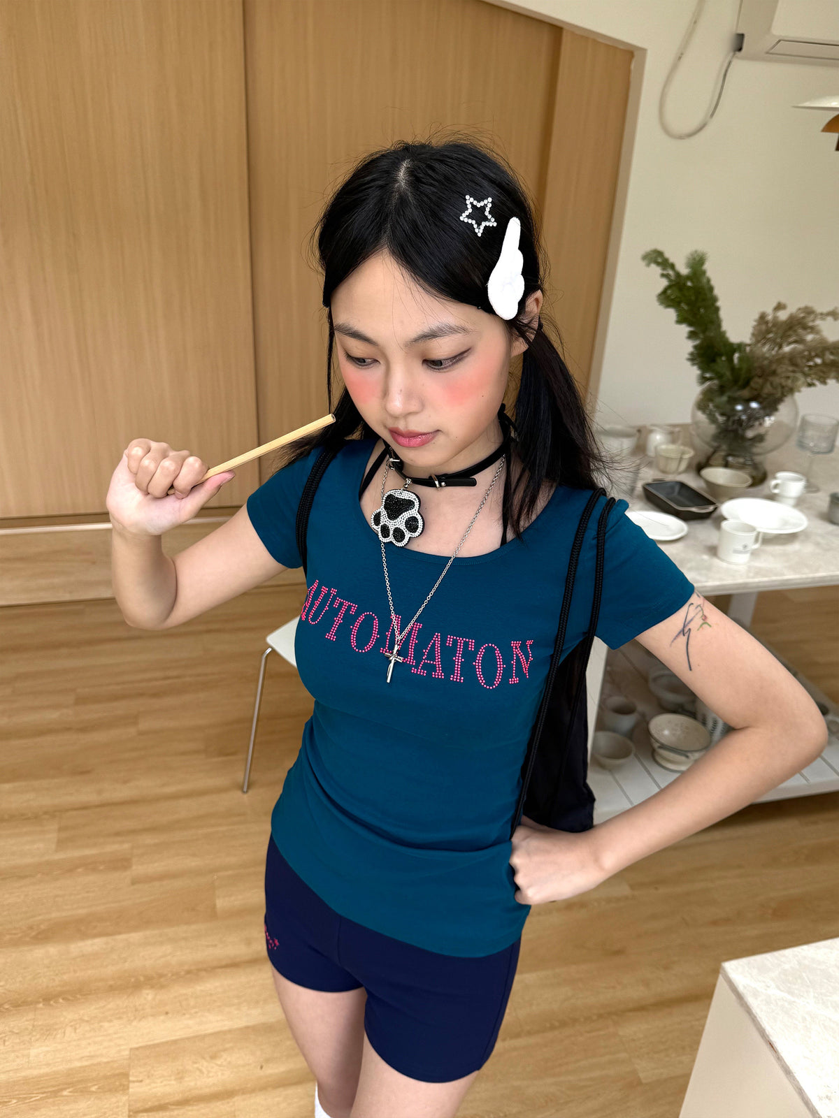 Dark Navy Rhinestone Letter Fitted Baby Tee