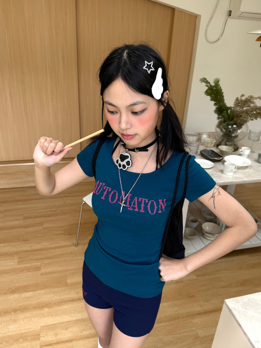 Dark Navy Rhinestone Letter Fitted Baby Tee
