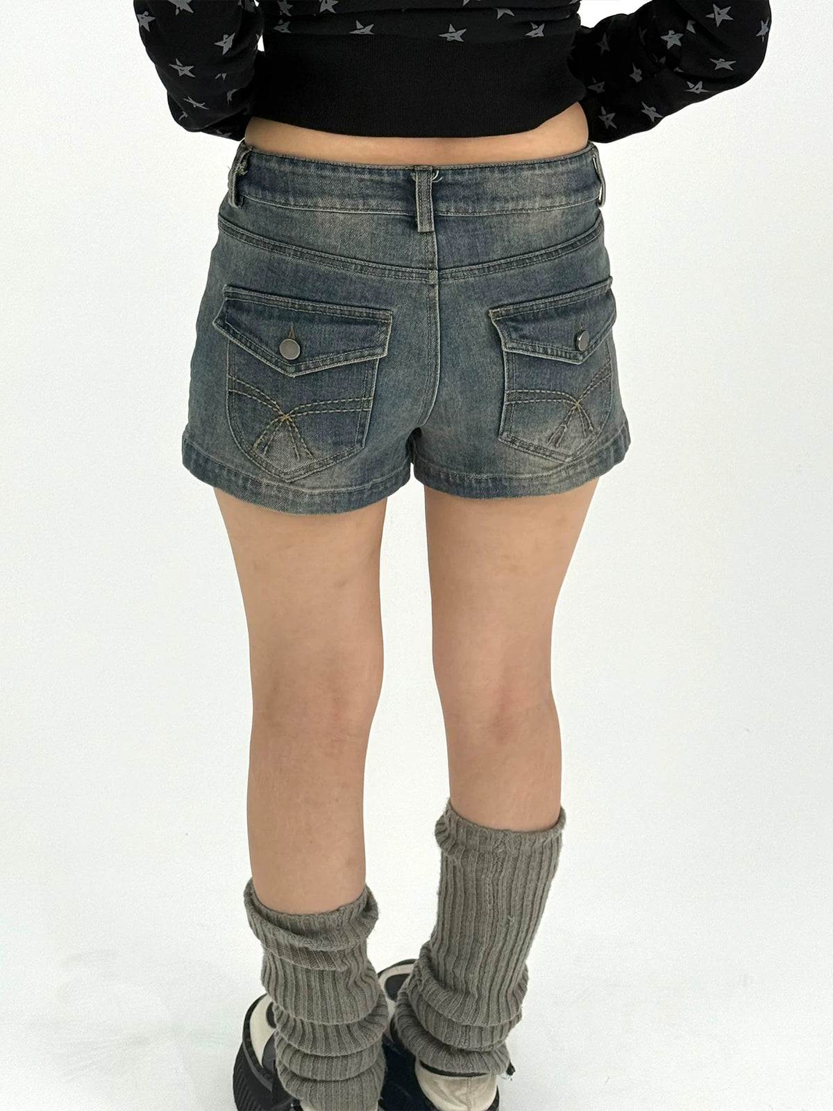 Star Print Washed Low-Rise Denim Shorts