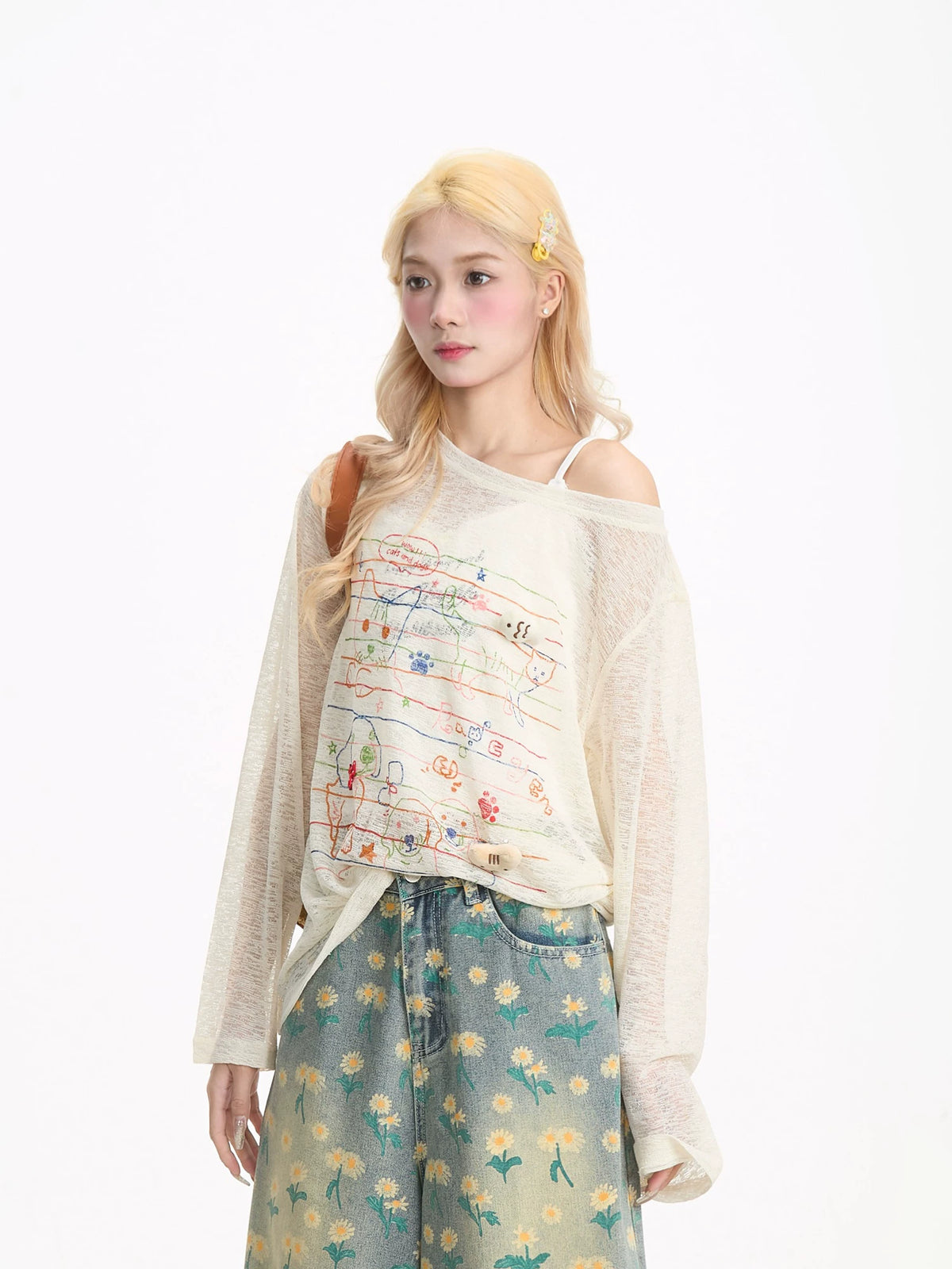 Cat & Puppy Sheer Graphic Long Sleeve Top