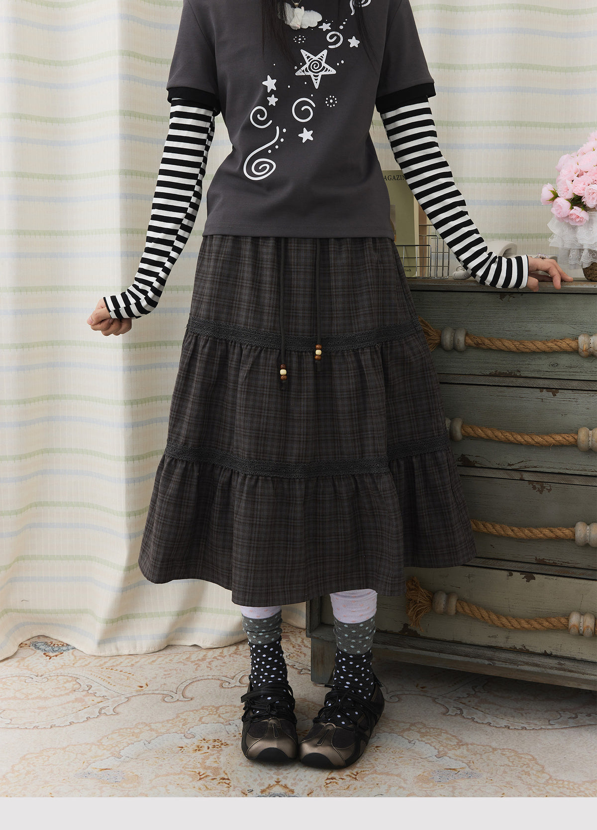 Plaid Tiered Lace Trim Midi Skirt