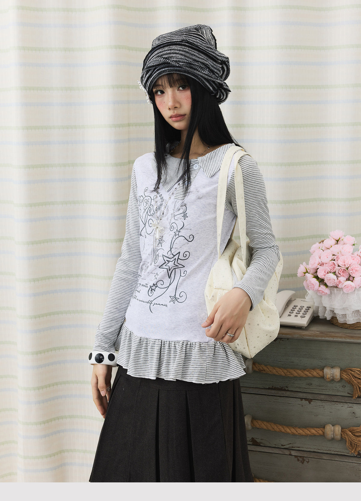 Graphic Stripe Faux-Layer Ruffle-Hem Long Sleeve Top