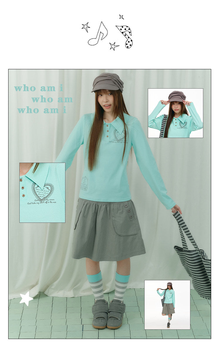 Mint Heart Graphic Long Sleeve Polo Top
