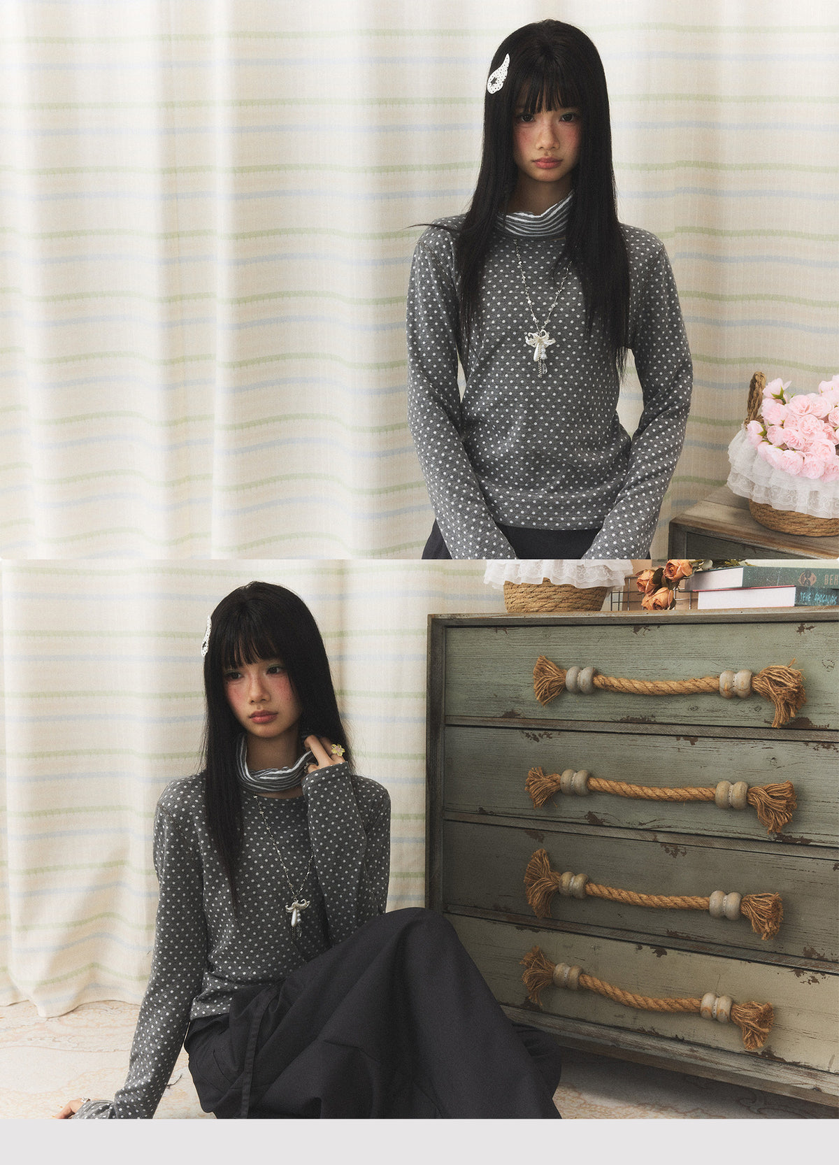 Polka Dot Contrast Turtleneck Long Sleeve Top