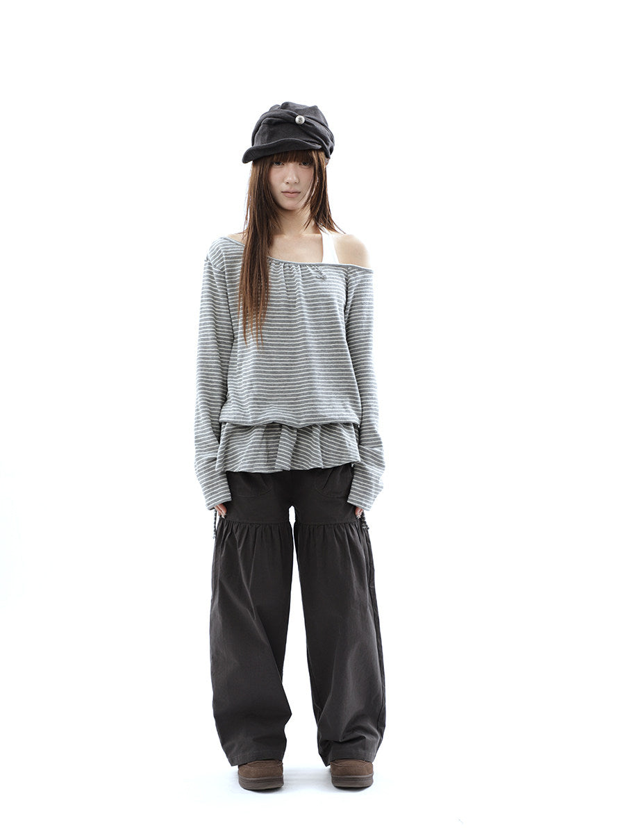 Striped Off-Shoulder Ruffle Layered Long Sleeve Top