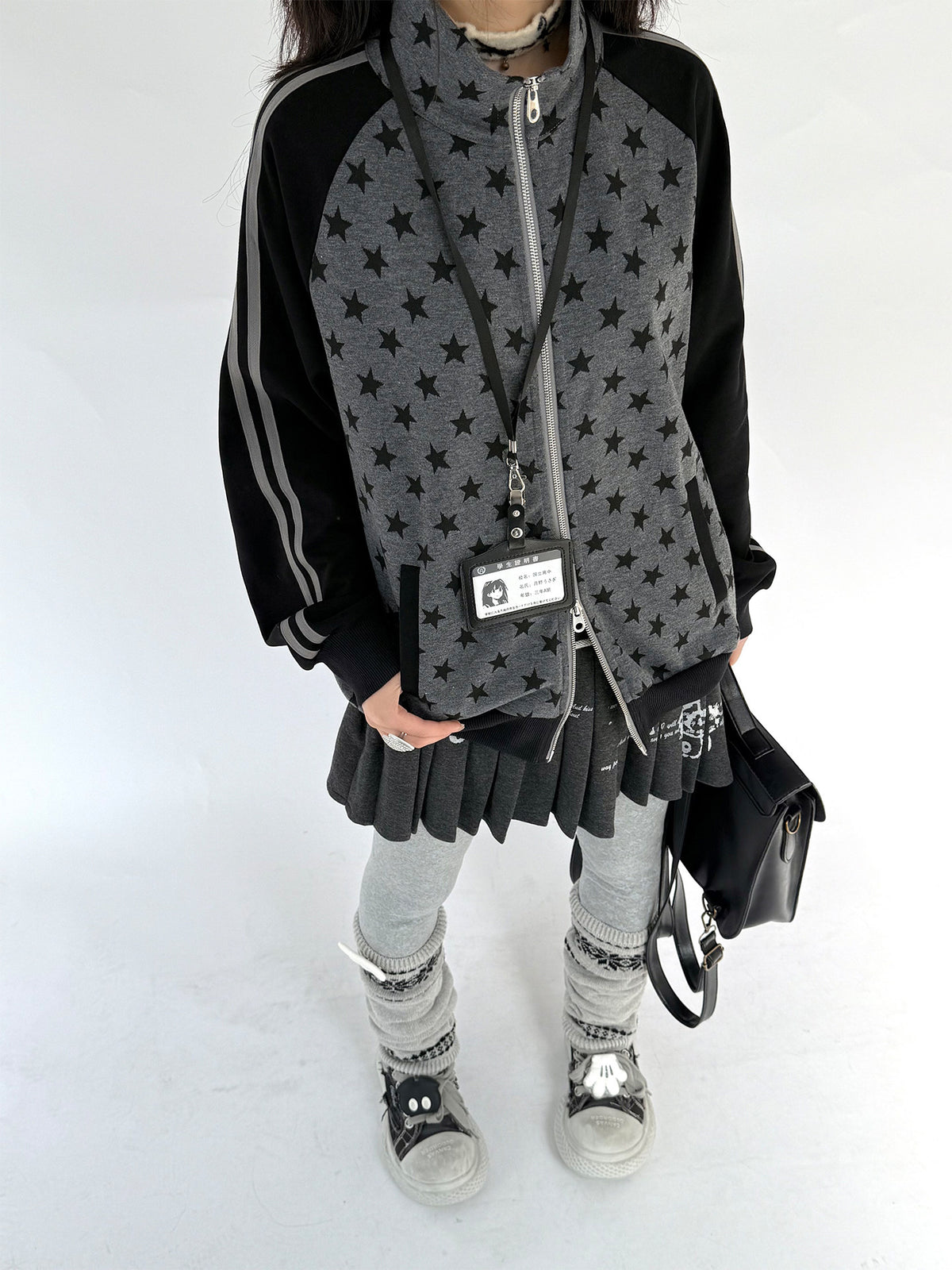 Charcoal Star Double-Zip Mock Neck Jacket