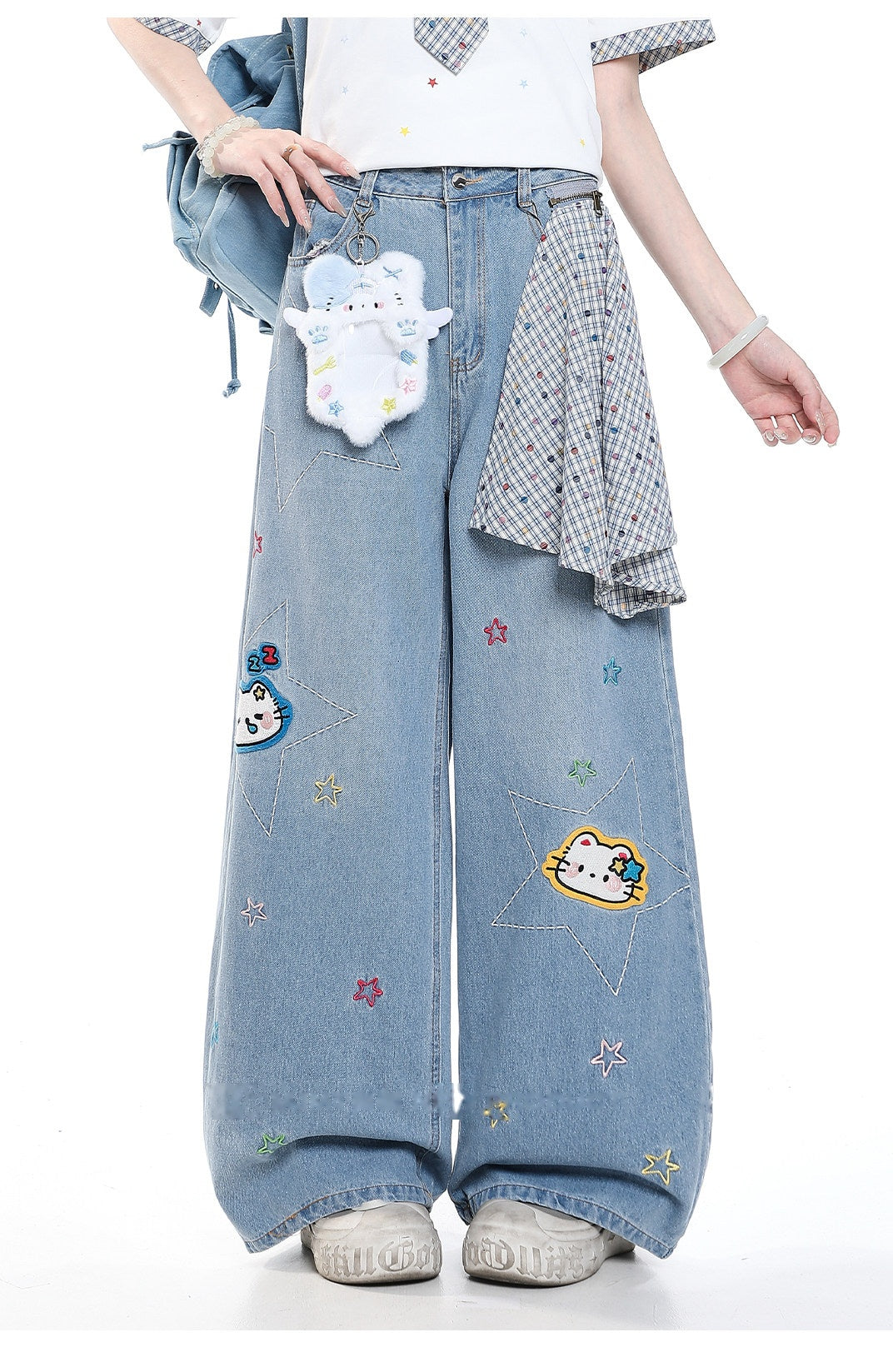 Star Kitty Embroidered Wide-Leg Jeans with Plush Charm