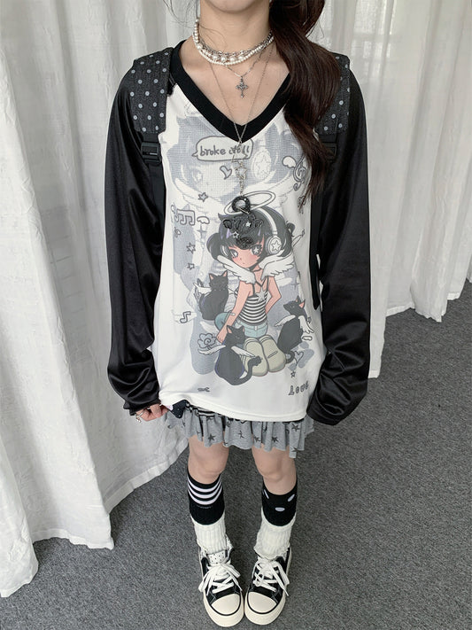 Angel Girl Graphic V-Neck Long Sleeve Top