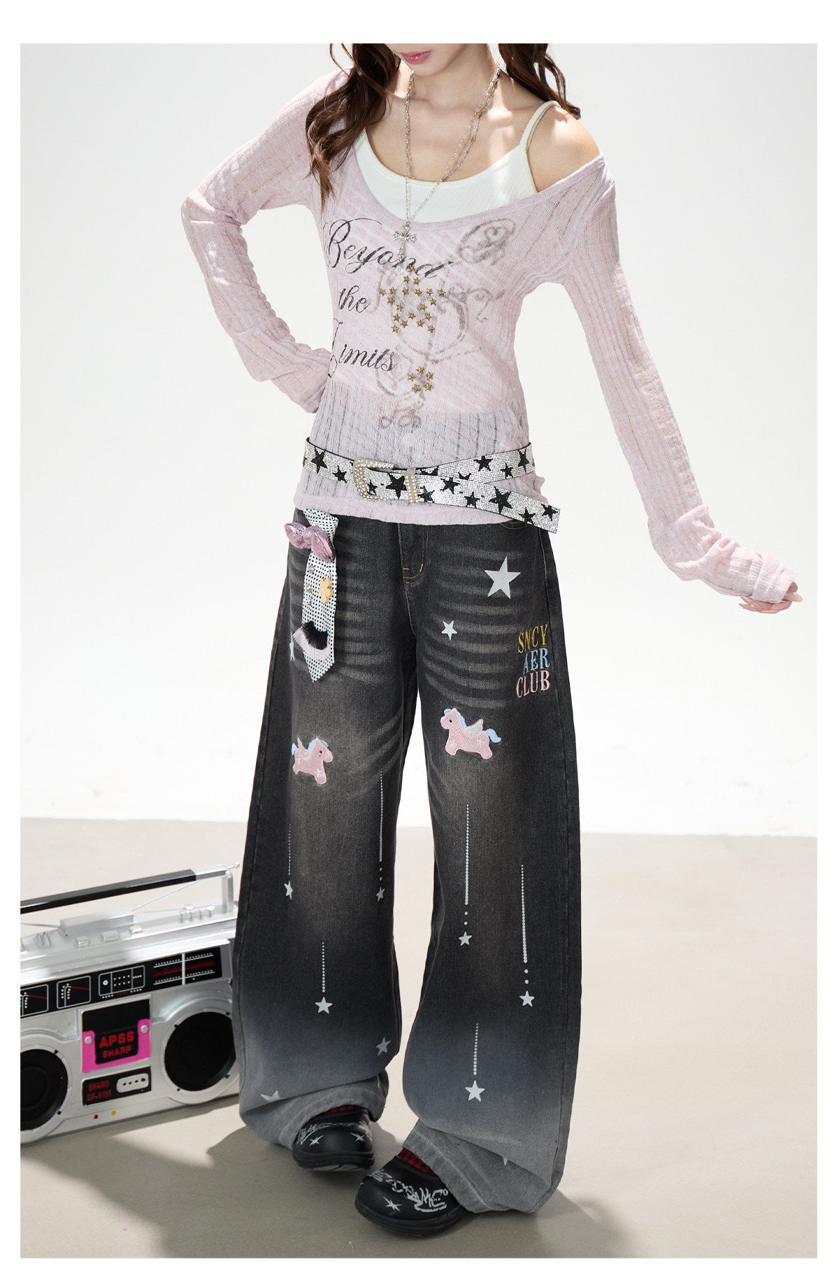 Dreamy Unicorn Star Washed Wide-Leg Jeans