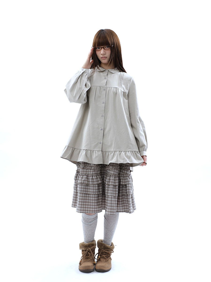 Pleated Ruffle Hem Button-Up Long Sleeve Blouse