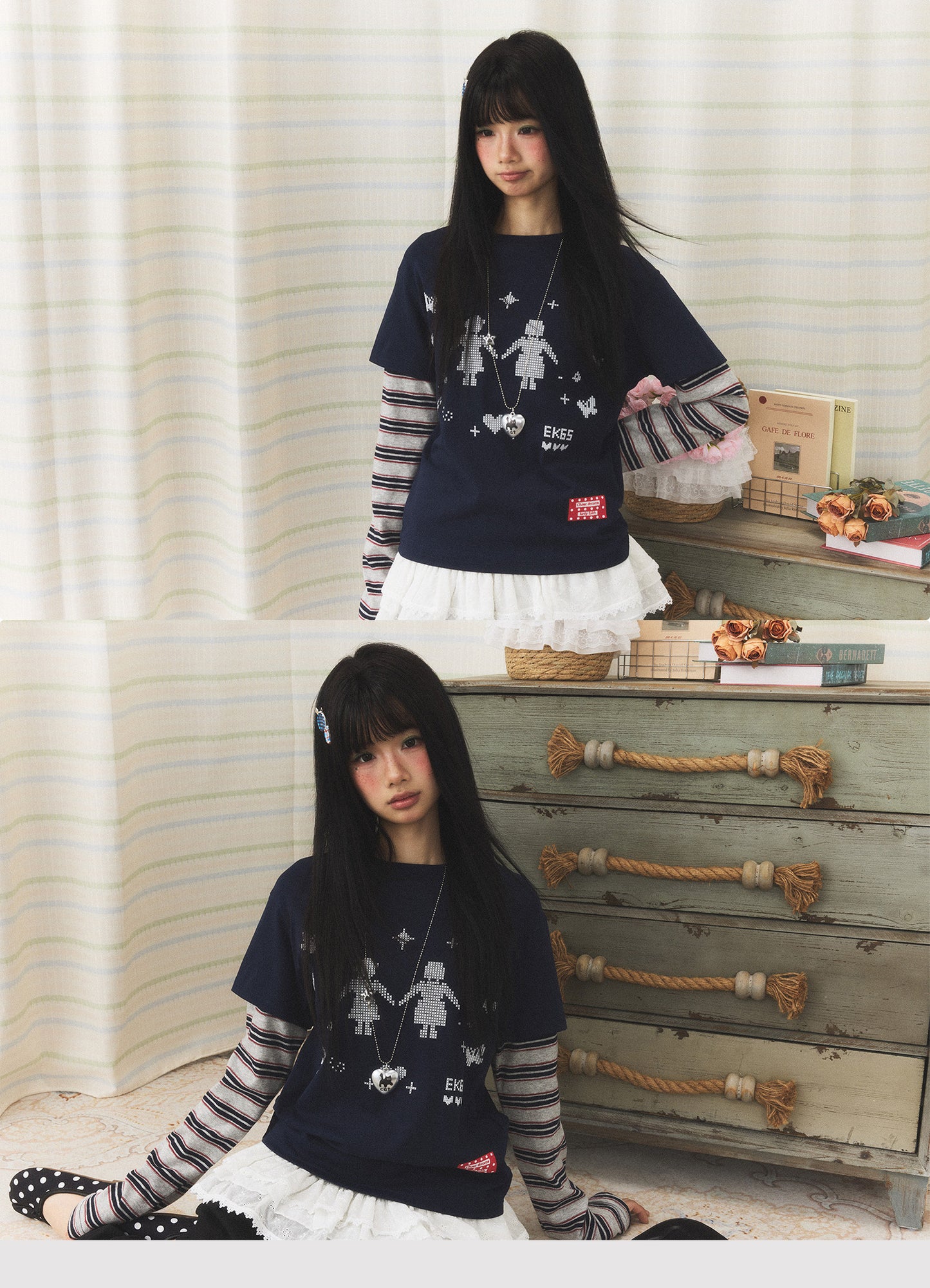 Navy Pixel Girl Stripe Faux-Layer Long-Sleeve Tee