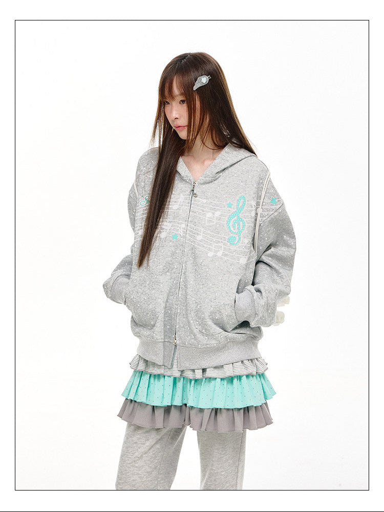 Gray Melody Polka Dot Graphic Zip Hoodie