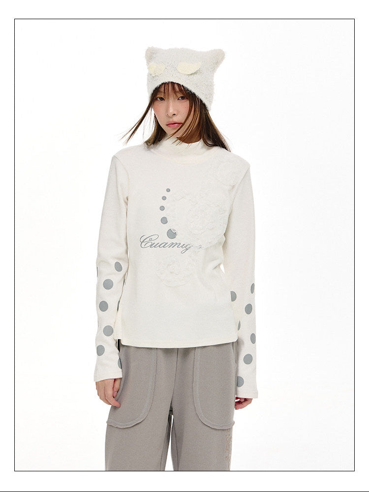 Lace Music Note Appliqué Mock Neck Long Sleeve Top