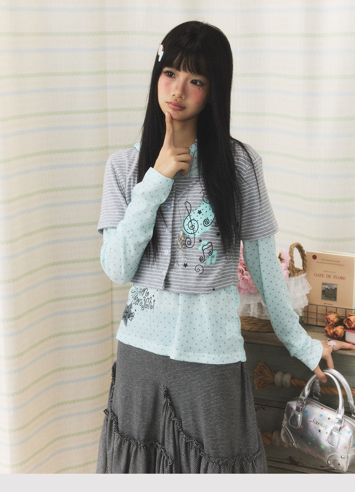 Mint Melody Faux-Layer Hooded Long-Sleeve Top