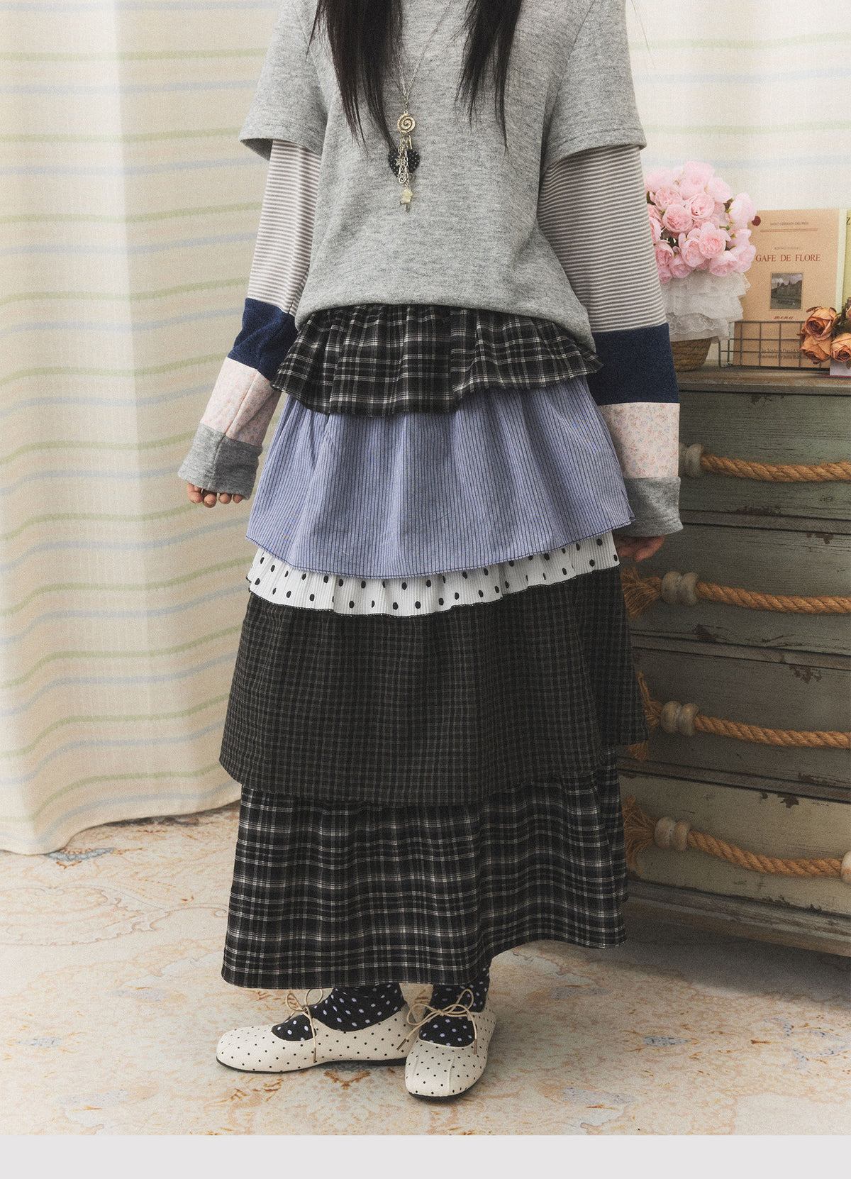Mixed Plaid Tiered Patchwork Midi Skirt
