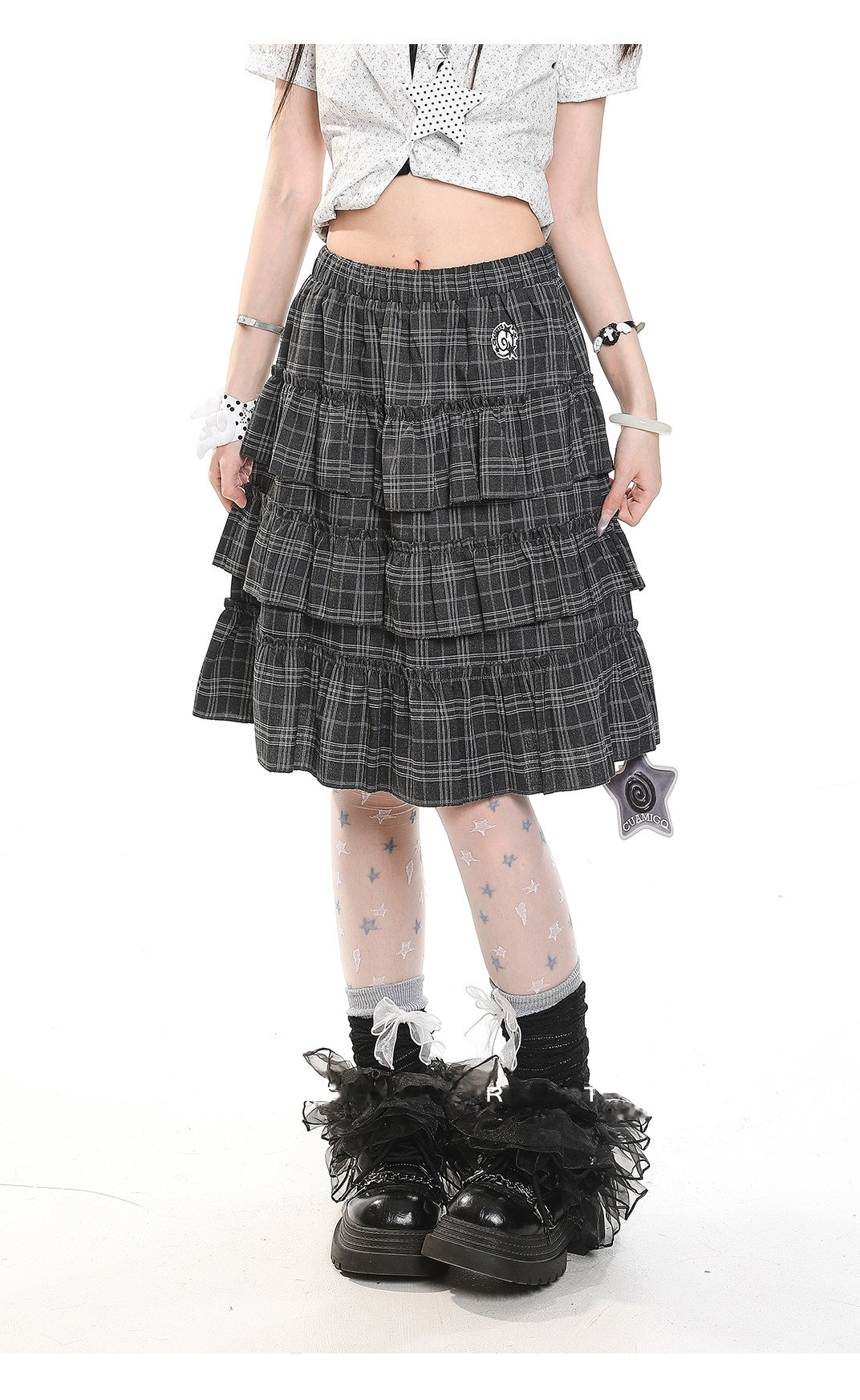 Vintage Gray Plaid Tiered Ruffle Midi Skirt