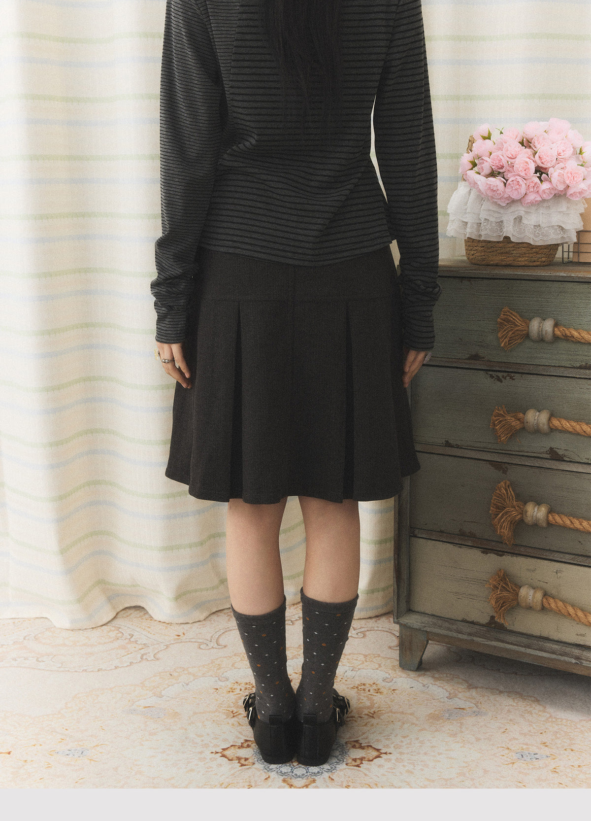 Charcoal Pleated A-Line Skirt