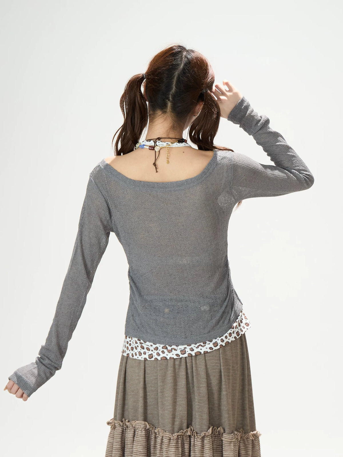 Leopard Layered Halter Long Sleeve Top & Pink Tiered Ruffle Mini Skirt