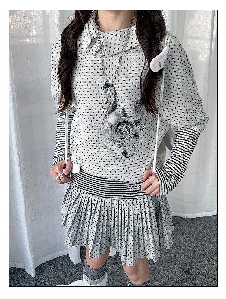 Polka Dot Collar Striped Layered Long Sleeve Top