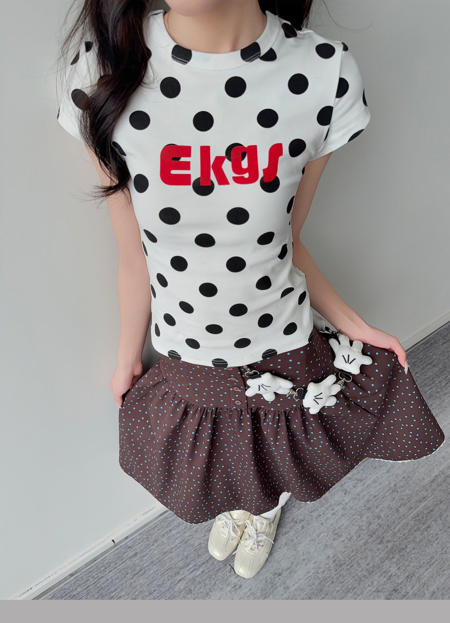 Polka Dot Button Tiered Midi Skirt