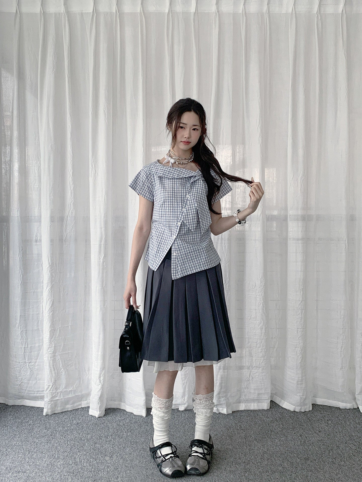 Blue Plaid Asymmetrical Collar Shirt