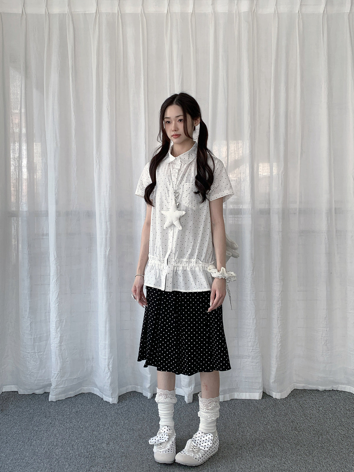 Polka Dot Ruffle-Hem Short Sleeve Shirt