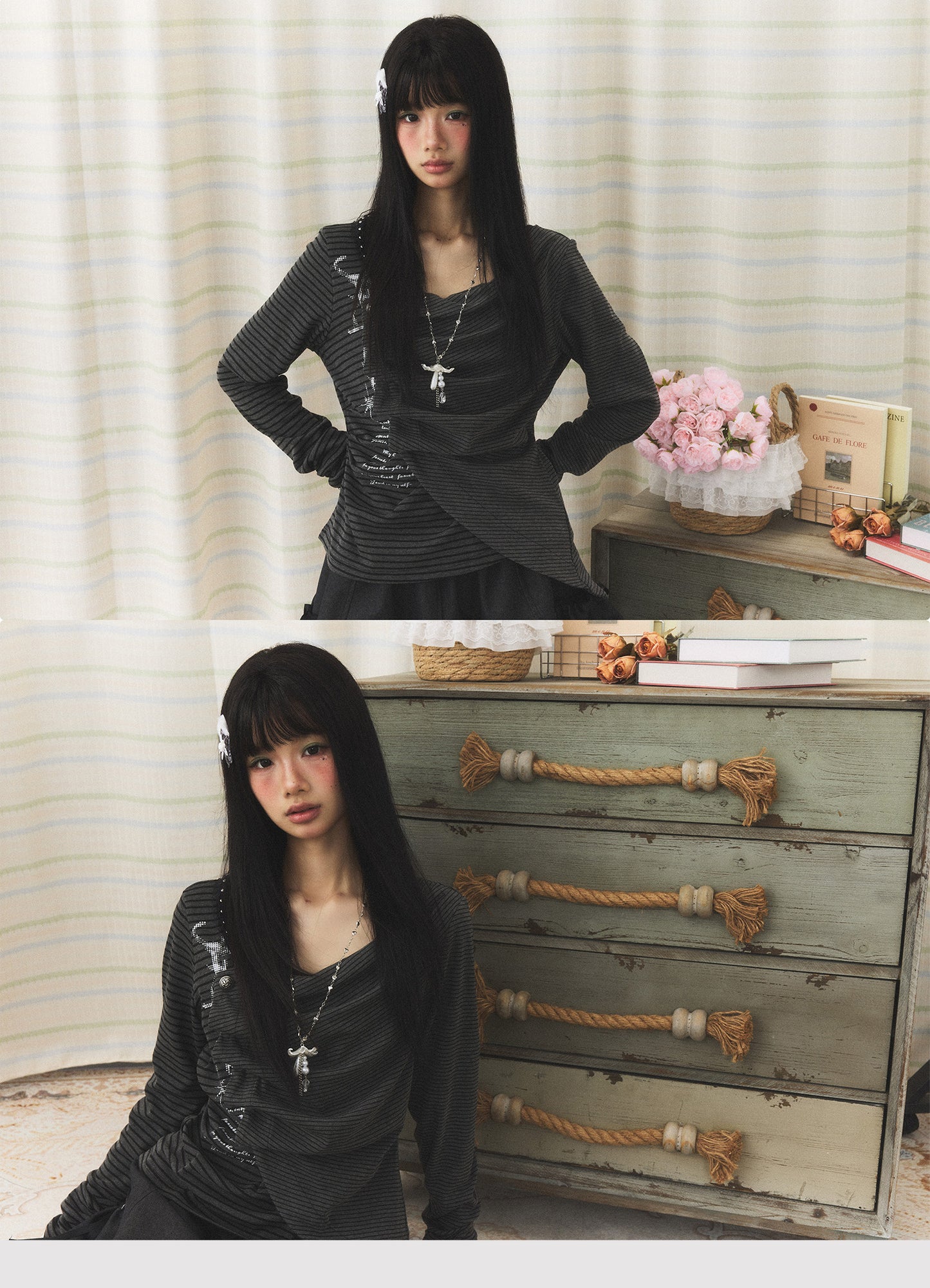 Charcoal Stripe Studded Draped-Neck Long-Sleeve Top