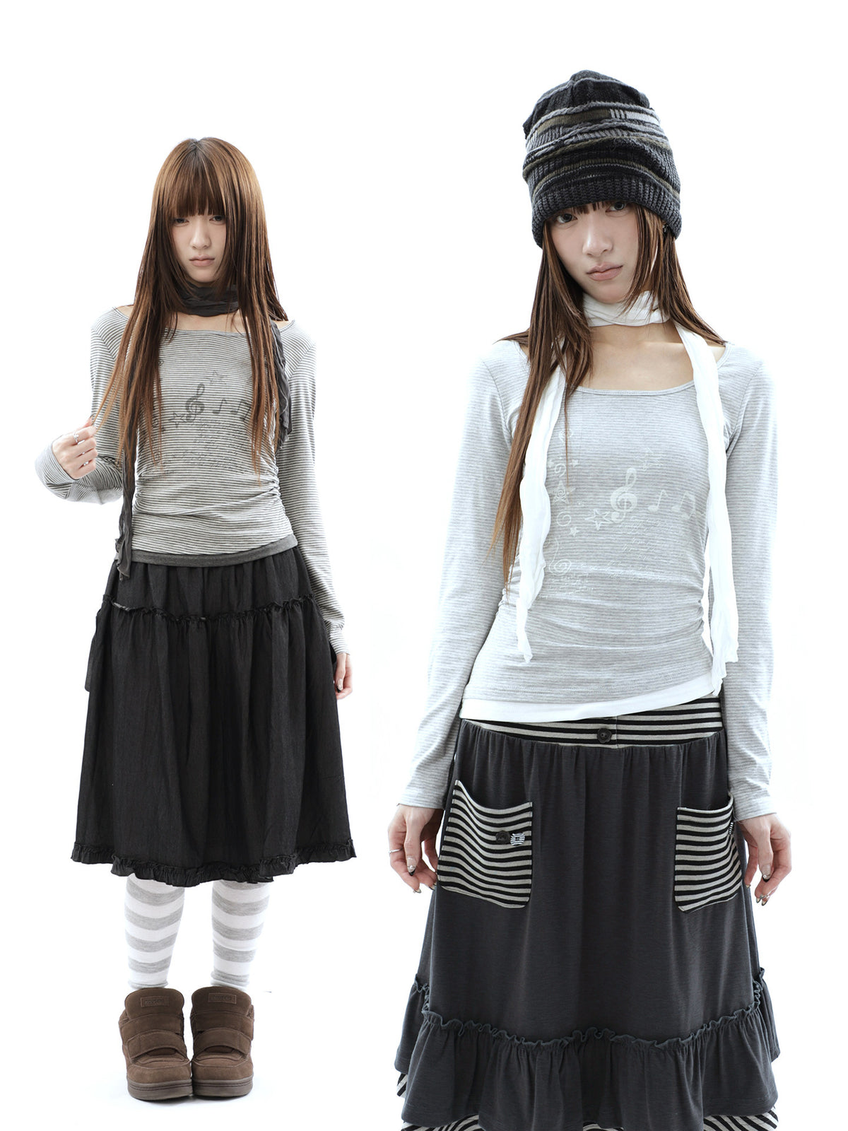 Music Note Striped Layered Long Sleeve Top with Scarf