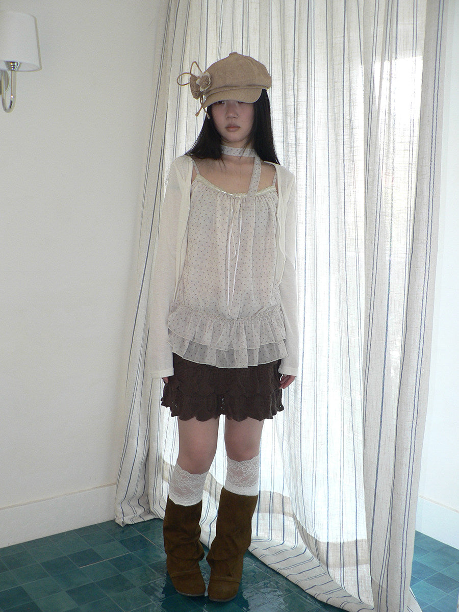 Polka Dot Ruffle Camisole & Cardigan Set with Scarf