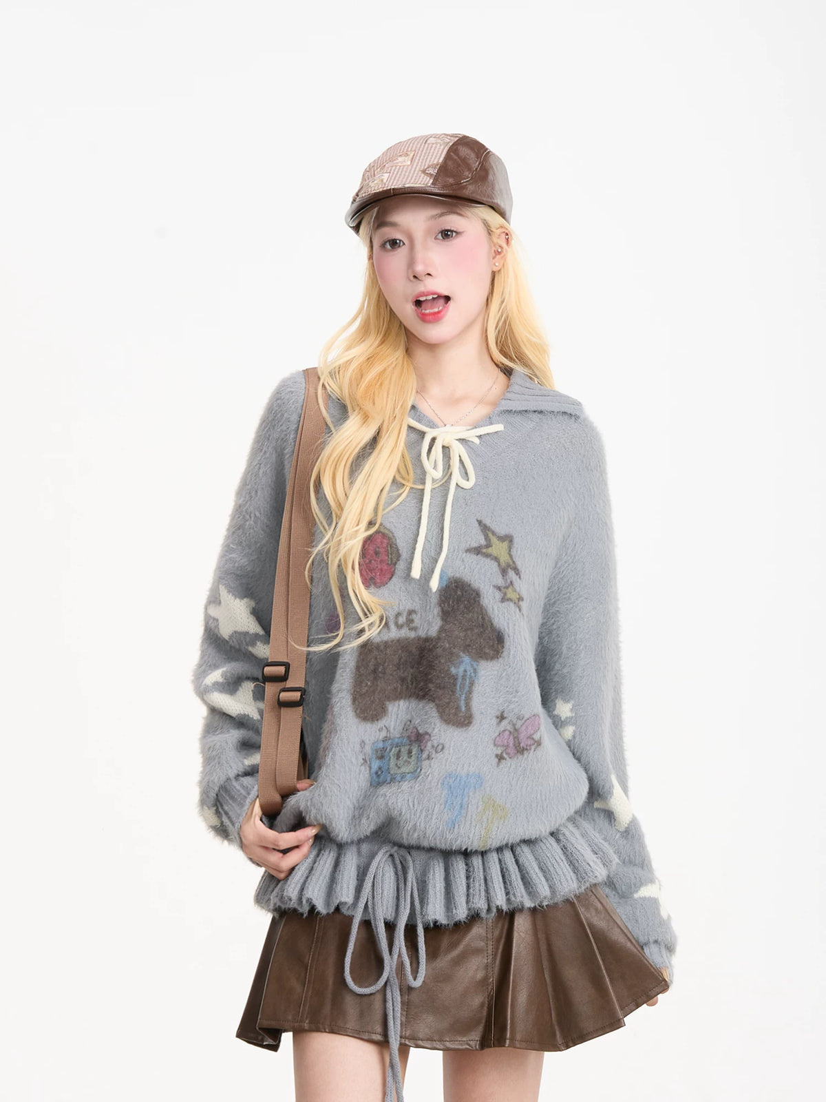 Puppy Graphic Bow-Collar Oversized Knit Sweater