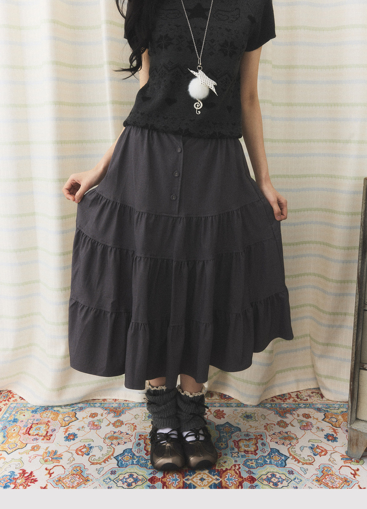 Charcoal Tiered Button Midi Skirt