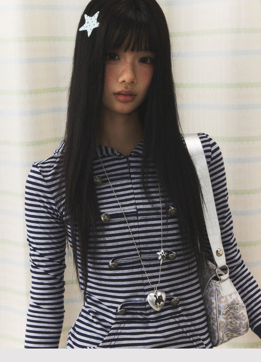 Navy Striped Military Button Hooded Top