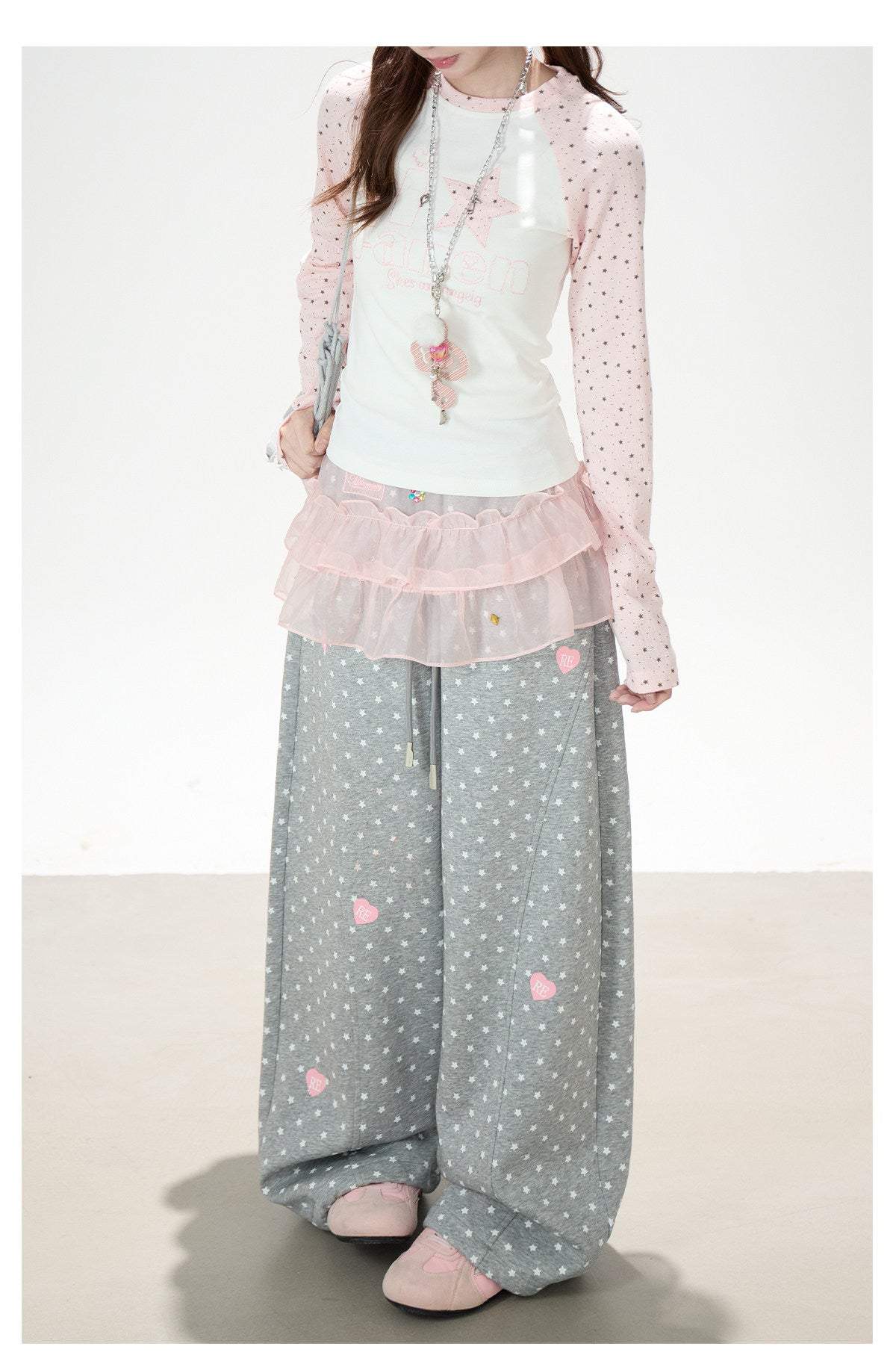 Pink Star Raglan Long Sleeve Top & Gray Heart Star Wide-Leg Pants