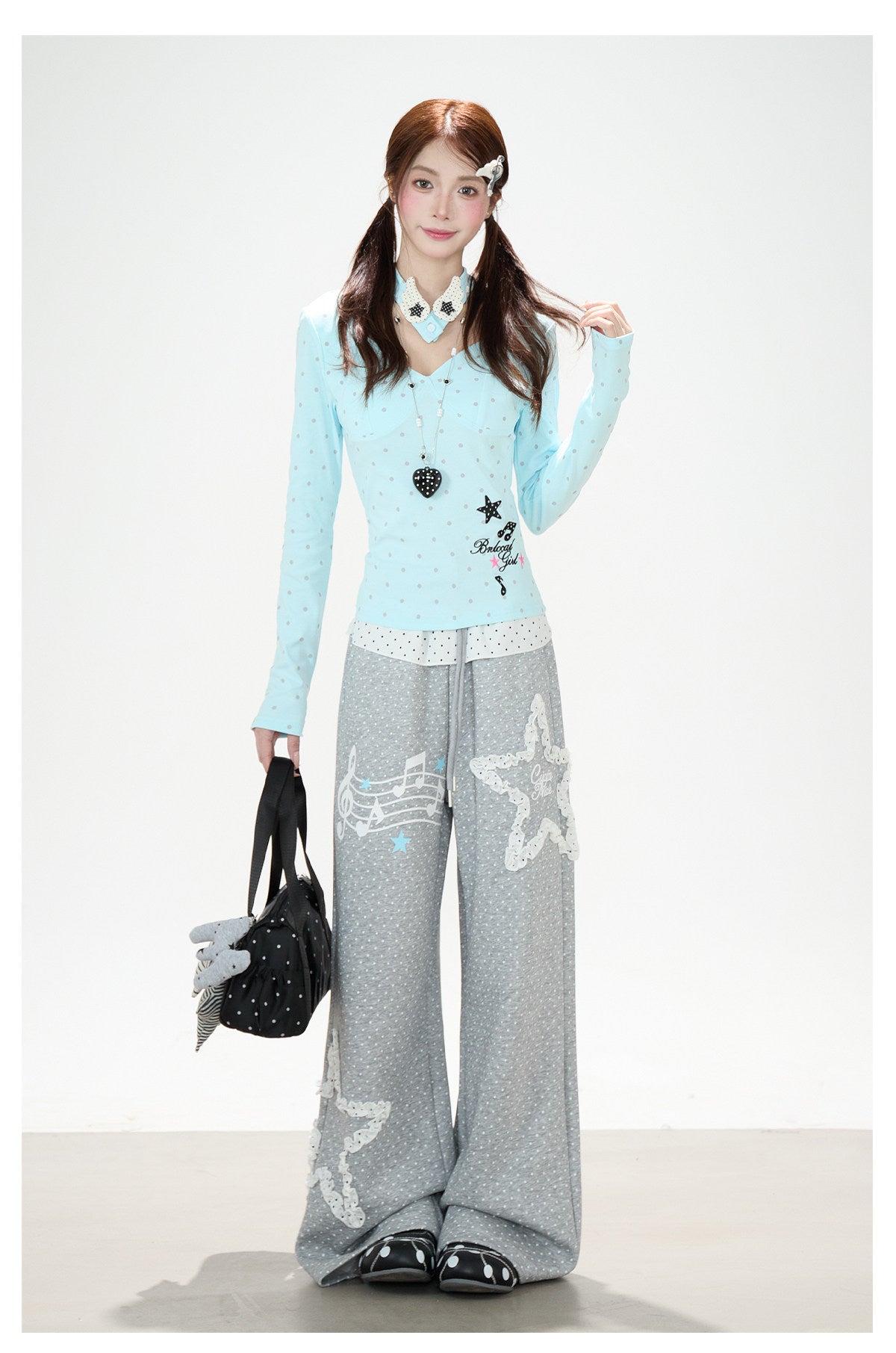 Polka-Dot V-Neck Long Sleeve Top & Lace Star Wide-Leg Pants