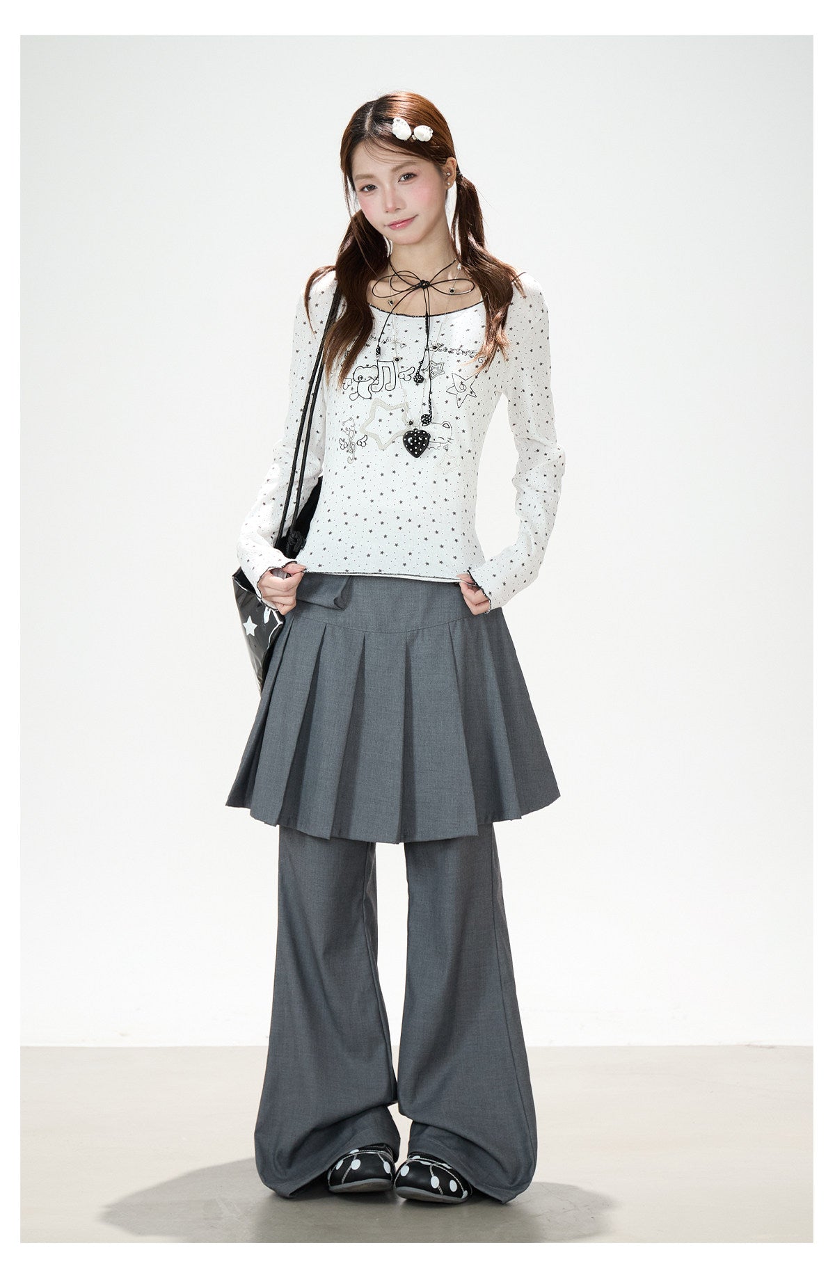 Star Cartoon Fitted Long Sleeve Top & Pleated Skirt-Layer Wide-Leg Pants