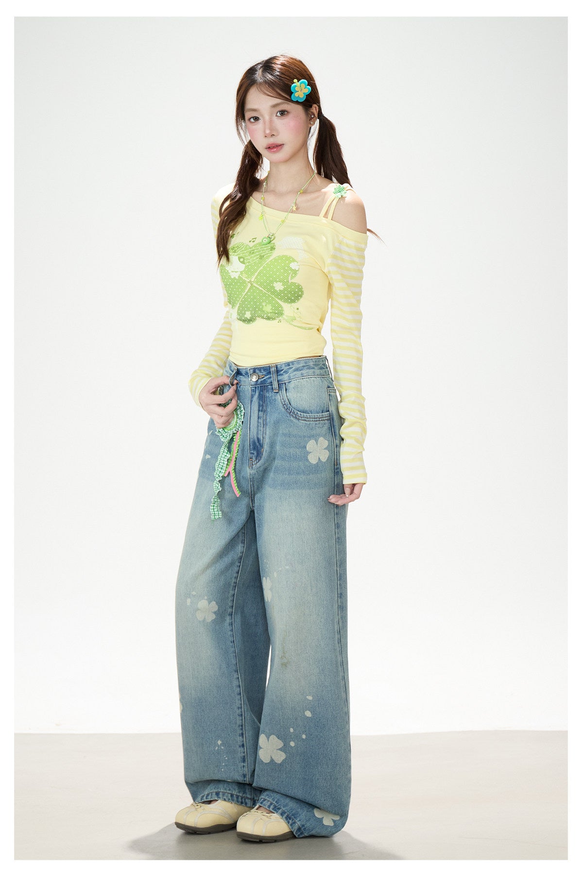 Clover Stripe Off-Shoulder Long Sleeve Top & Star Music Note Wide-Leg Jeans