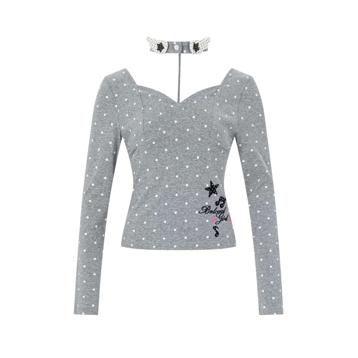Polka-Dot V-Neck Long Sleeve Top & Lace Star Wide-Leg Pants