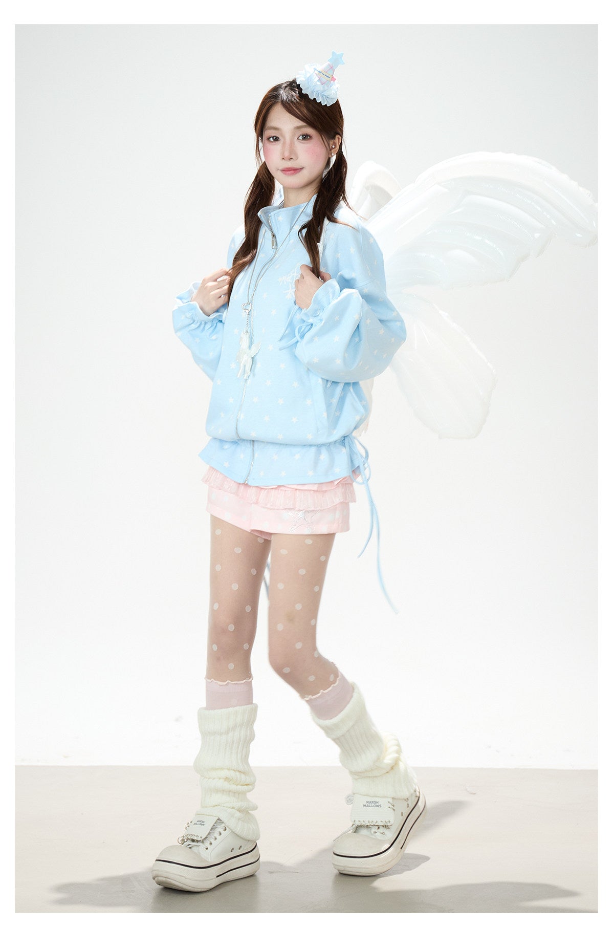Allover Star Zip-Up Sweatshirt Jacket & Blue Plaid Tiered Midi Skirt