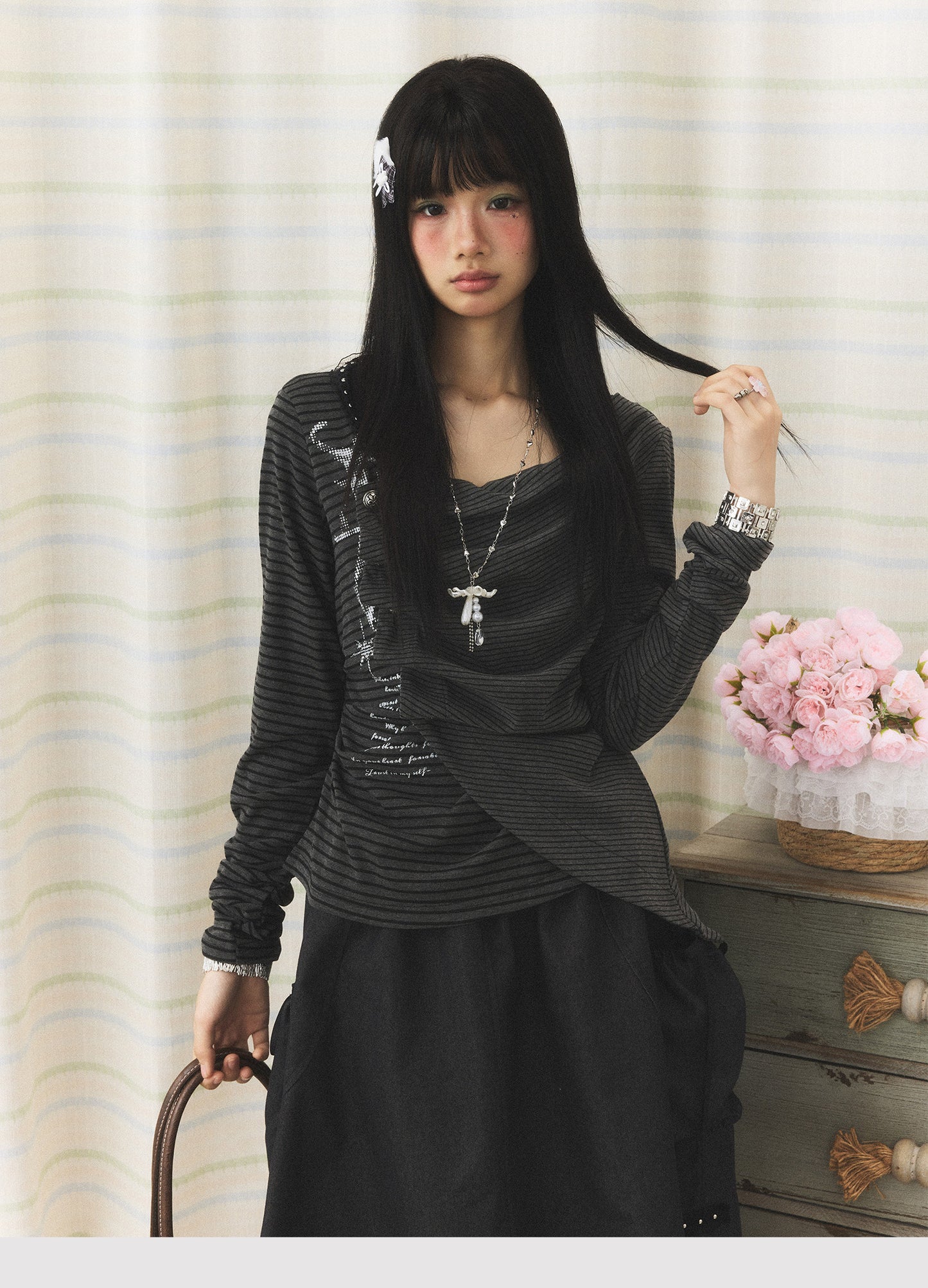Charcoal Stripe Studded Draped-Neck Long-Sleeve Top